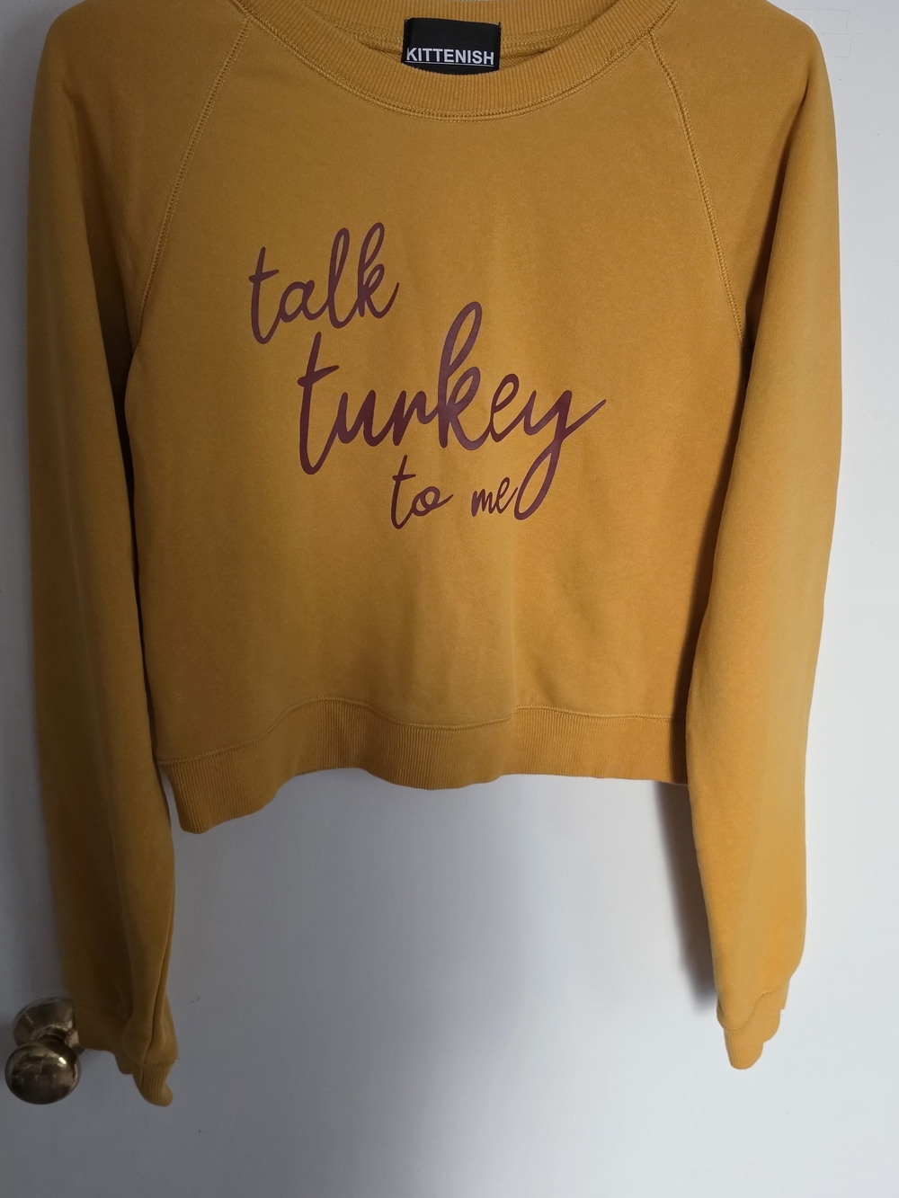 Kittenish Mustard Pullover Sweatshirt with Maroon Script